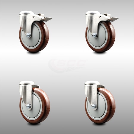 Service Caster 5 Inch 316SS Maroon Polyurethane Swivel Bolt Hole Caster Set with 2 Lock Brake SCC-SS316BHTTL20S514-PPUB-MRN-2-S-2